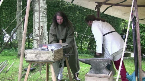 Knights of Longshank blacksmith's forge medieval reenactment, Samlesbury Hall Video stock 49953844