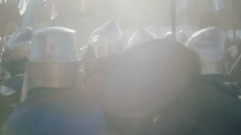 Knights preparing for war. Close-up on eyes and helmets Stock Footage 101651432