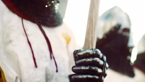 Knights preparing for war. Close-up on eyes and helmets Stock Footage 101652146