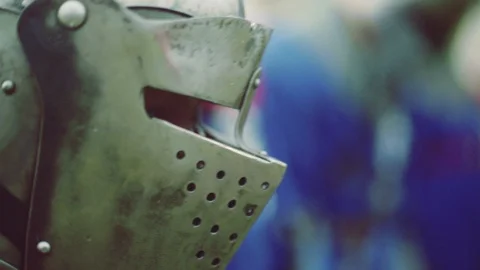 Knights preparing for war. Close-up on eyes and helmets Stock Footage 101652162