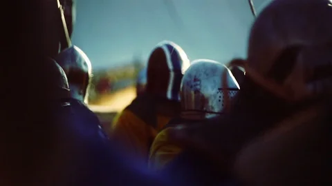 Knights preparing for war. Close-up on eyes and helmets Stock Footage 101652407