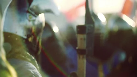 Knights preparing for war. Close-up on eyes and helmets Stock Footage 101652581