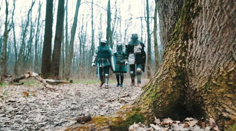 The knights walk through the forest Stock Footage 67987914