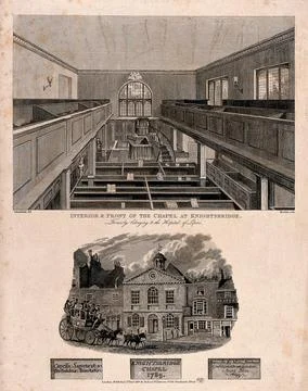 Knightsbridge Chapel: above, the interior, below a vignette of the exterior.. Ilustração Stock
