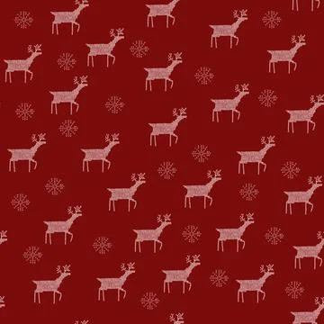 Knit christmas pattern with deer, snowflake on red background Stock Illustration