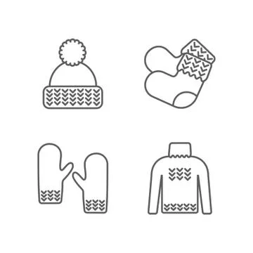 Knit icon set. Knitting clothes, knitted samples thin line sign. Hat, mittens Stock Illustration