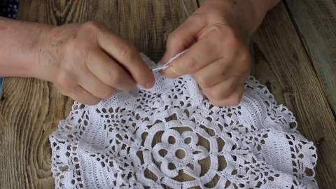 Knit white table cloth, handmade Video stock 77198589