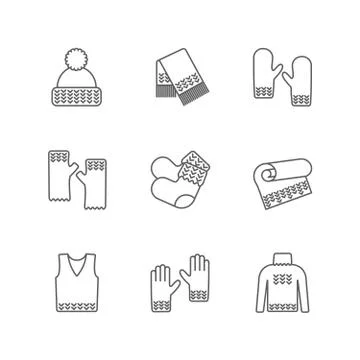 Knit winter clothes icon set. Knitting clothes, knitted samples thin line warm Stock Illustration
