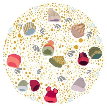 Knitted beanies round shape border on white background Stock Illustration