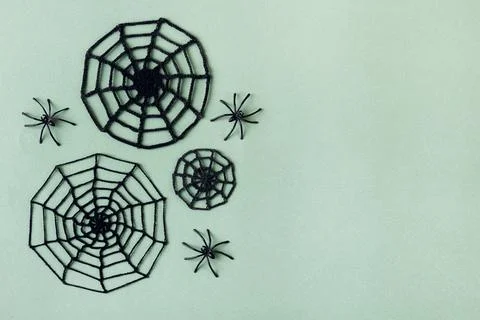 Knitted black spider web and small spider Stock Photos