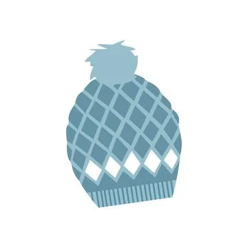 Knitted blue wool hat with pompom and diamond pattern, accessory for cold season Illustration