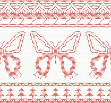 Knitted Butterfly Seamless Pattern in Red Color. 스톡 일러스트