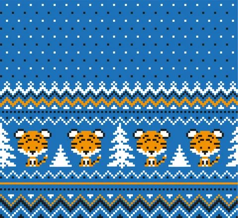 Knitted Christmas and New Year pattern in Tiger. Wool Knitting Sweater Design Illustrazione stock