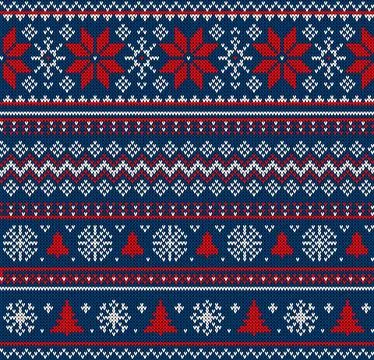 Knitted Christmas pattern featuring blue reindeers, white pine trees イラスト素材
