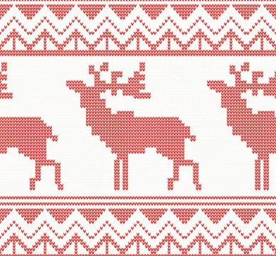 Knitted Deer Seamless Pattern in Red Color.  Stock Illustration