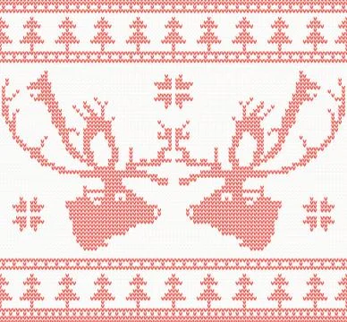 Knitted Deer Seamless Pattern in Red Color. 库存插图
