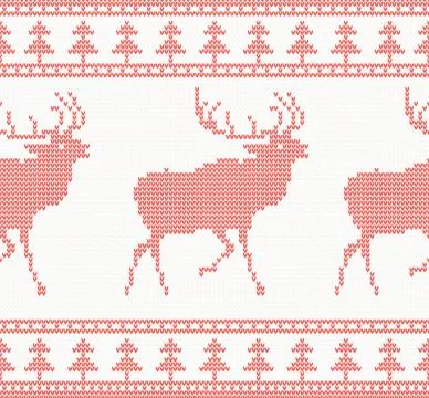 Knitted Deer Seamless Pattern in Red Color. Illustrazione stock