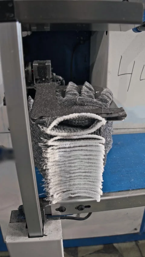 Knitted gloves stack below production machine. Factory equipment handles textile Stock Footage 344970986