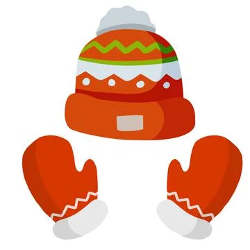 Knitted hat and mitten. Red winter children clothing. Set of warm objects Stock Illustration
