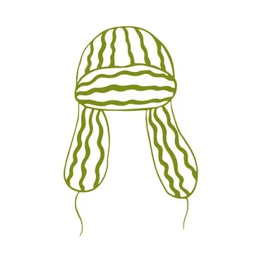 Knitted hat with earflaps and dangling ties. Winter headwear. Cozy cold weather Stock Illustration