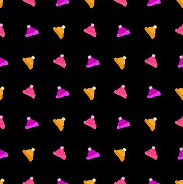 Knitted hats seamless pattern on black background Stock Illustration