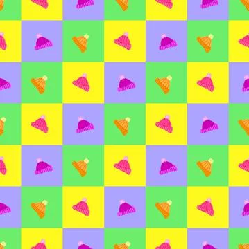 Knitted hats seamless pattern on colored background Stock Illustration