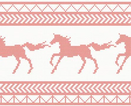 Knitted Horse Seamless Pattern in Red Color. Stock Illustration