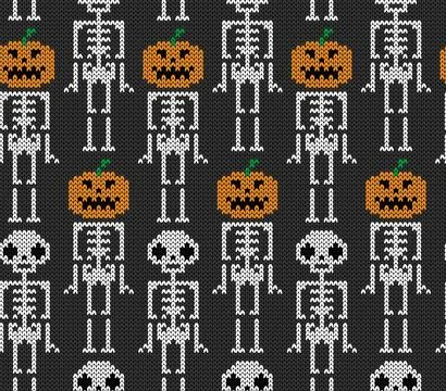 Knitted jacquard seamless pattern with skeleton and pumpkin. Illustrazione stock
