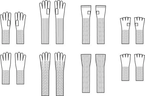 Knitted long gloves set. Front and back. Stock Illustration