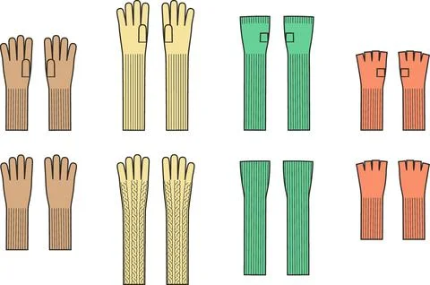 Knitted long gloves set. Front and back. Stock Illustration