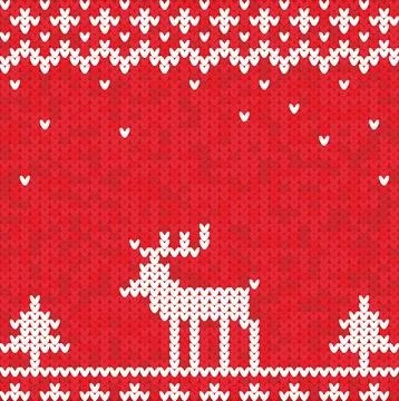 Knitted pattern with deer and Christmas trees on a red background Stock Illustration