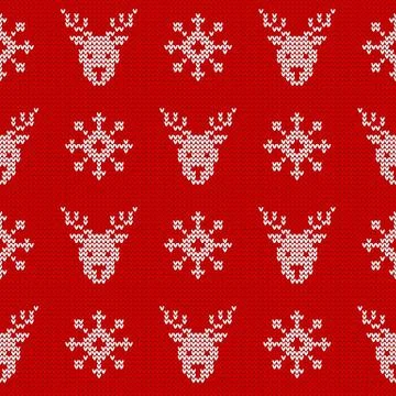 Knitted pattern with deers and snowflakes. Christmas background. Vector. 스톡 일러스트