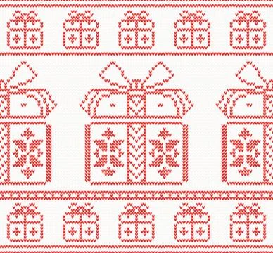 Knitted pattern with gift boxes. Vector illustration. Illustrazione stock