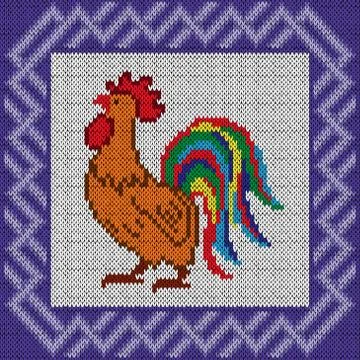 Knitted pattern with Proud Red Rooster 스톡 일러스트