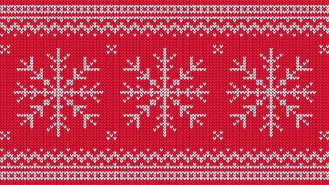 Knitted pattern with white snowflake and ornamental border on red background. Stock Illustration