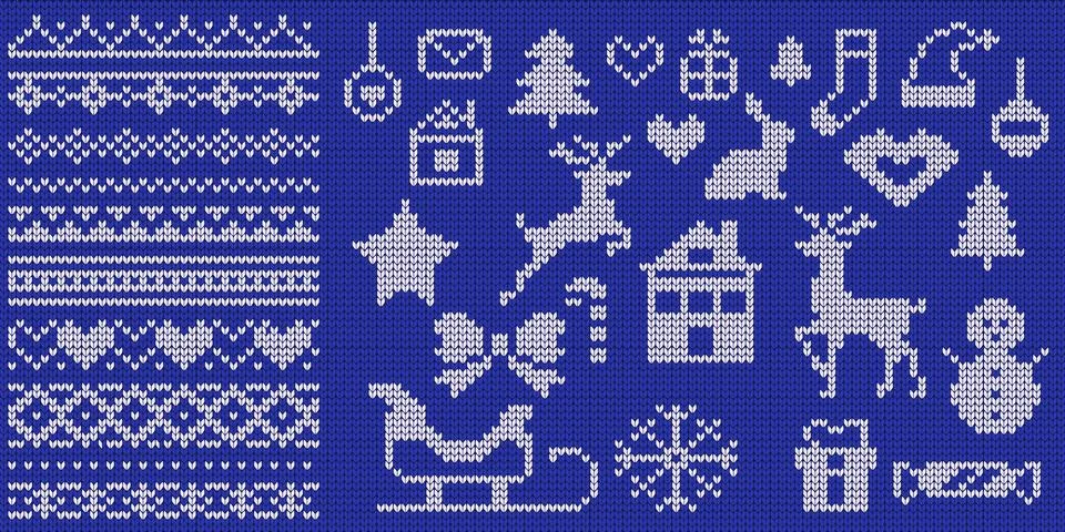 Knitted patterns and symbols vector illustrations set Stock Illustration