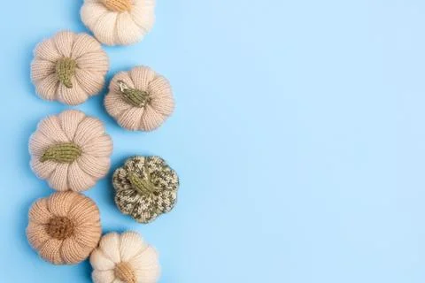 Knitted pumpkins on blue background Stock Photos