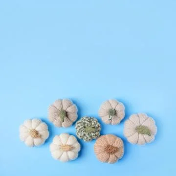 Knitted pumpkins on blue background Stock Photos