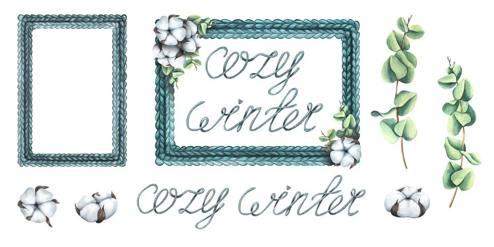 Knitted rectangular frame decorated with eucalyptus branches, cotton flowers Stock Illustration