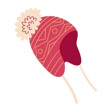Knitted red winter hat with pompom. Winter cloth thick woolen chunky yarn, Hand イラスト素材