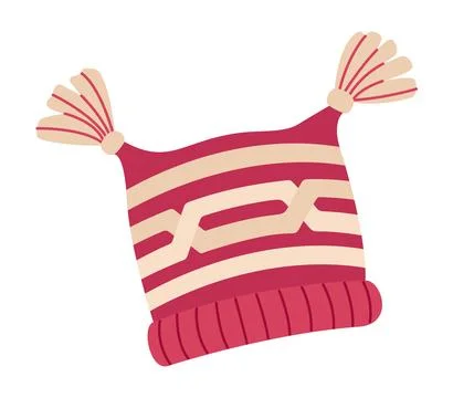Knitted red winter hat with pompoms. Winter cloth Hand drawn flat style Stock Illustration