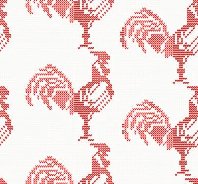 Knitted Rooster Seamless Pattern in Red Color.  Stock Illustration