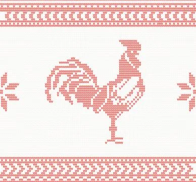 Knitted Rooster Seamless Pattern in Red Color.  Stock Illustration