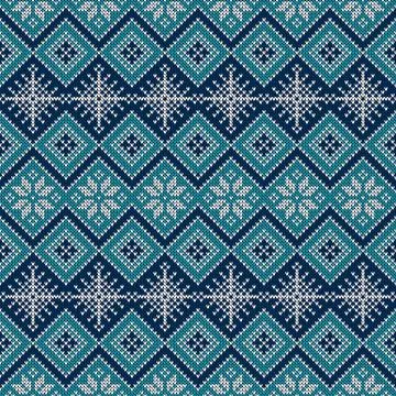 Knitted scandinavian pattern with snowflakes. Vector. 스톡 일러스트