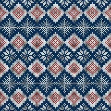 Knitted scandinavian pattern with snowflakes. Vector. 스톡 일러스트