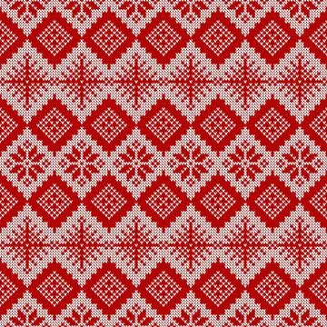 Knitted scandinavian pattern with snowflakes. Vector. 스톡 일러스트