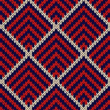 Knitted seamless pattern in blue, red and white colors Stock Illustration