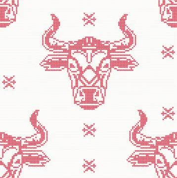 Knitted Seamless Pattern with Bull in Red Color. Symbol of 2021 on the Chines イラスト素材