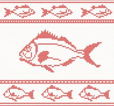 Knitted seamless pattern with fish Illustrazione stock
