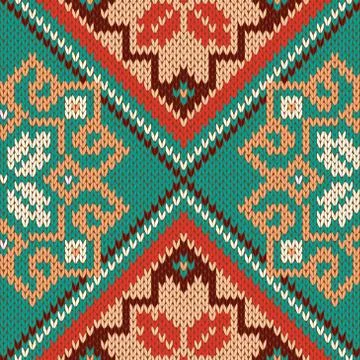 Knitted Seamless Pattern mainly in turquoise and red Illustrazione stock